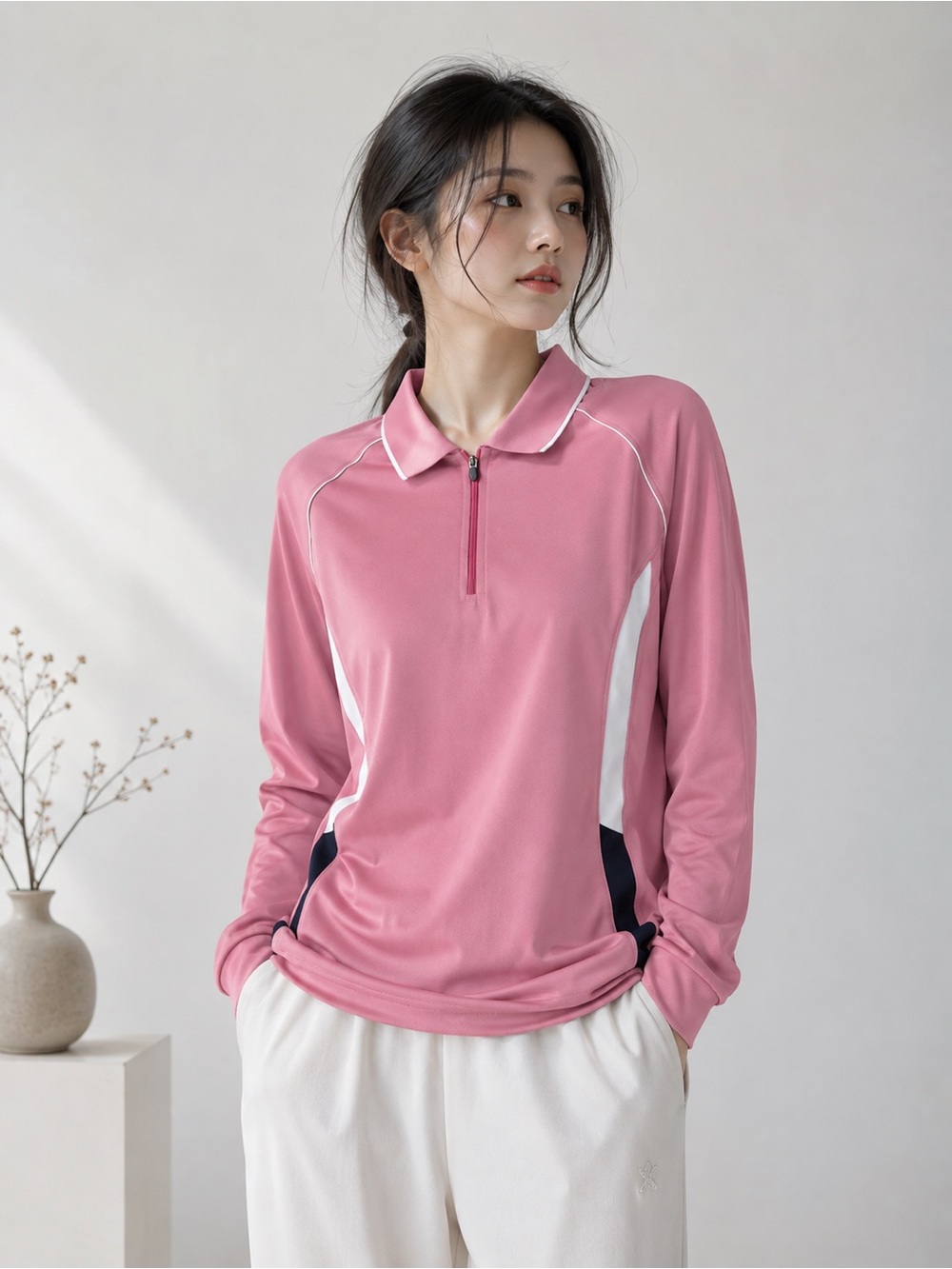 Vintage Tworoy Pink Long Sleeve Quarter Zip Polo Shirt XL